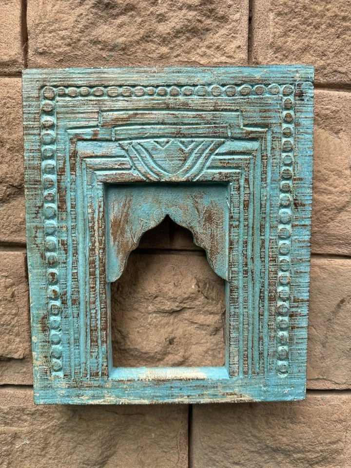 Antiguo marco de pared de espejo de madera tallado a mano rústico verde pintado arco marco de castillo Foto 2 de 4