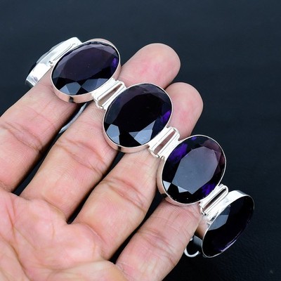 African Amethyst 925 Sterling Silver Oval Gemstone Jewelry Bracelet 8'' AAB 1180