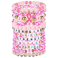 12pcs Breast Awareness Beaded Bracelets, 12 Style Stackable Boho Style Polymer C