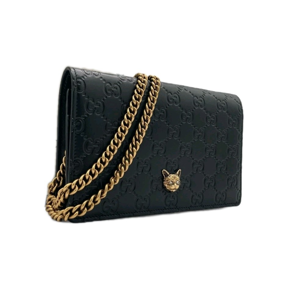 GUCCI Guccissima Linea Cat Animalier Black Chain Wallet Bag Super