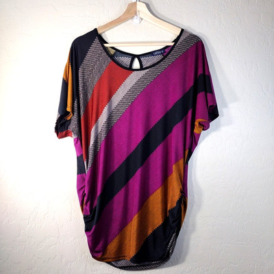 Lavish Womens Top S/S Sz L Stretch Ruched Sides Keyhole Back Purple Blouse Work