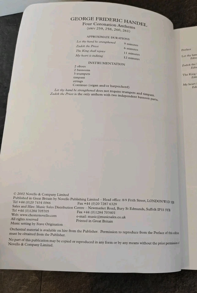 Handel Four Coronation Anthems The New Novello Choral Edition Vocal Score 2002 - Image 3 of 4