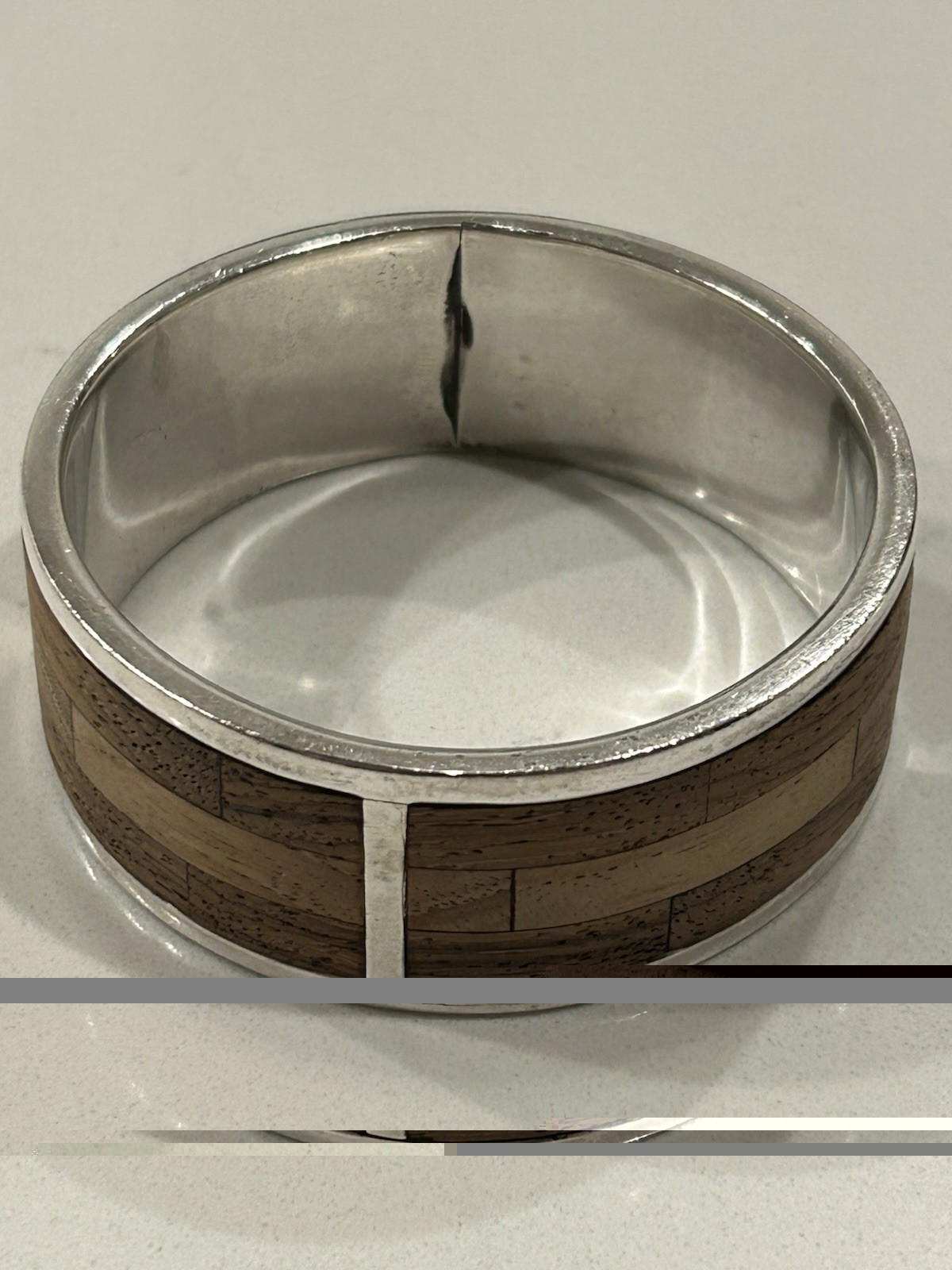 Sterling Silver Unique Heavy Bangle Bracelet Wood… - image 4