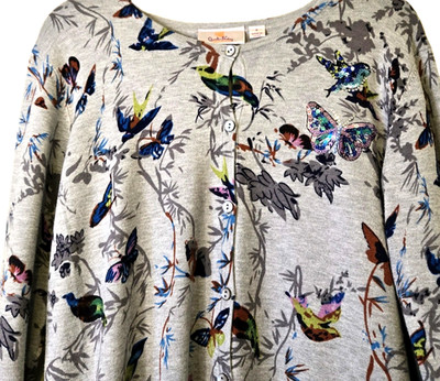 Quacker Factory Cardigan Sweater S Gray Sequined Birds Butterfly Festival Fairy