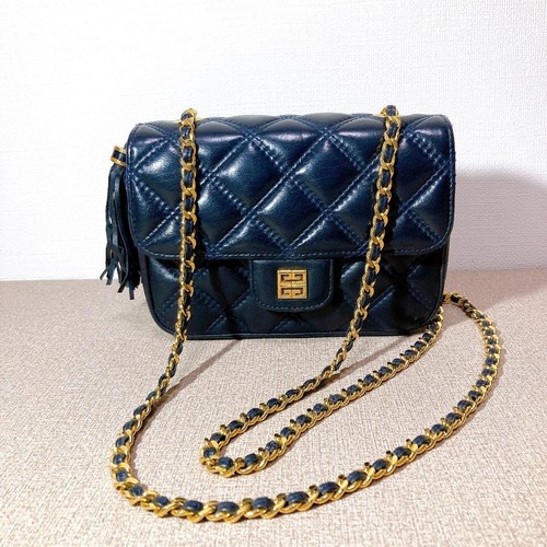 GIVENCHY Vintage Quilted Leather Shoulder Bag Navy Gold Chain Tassel