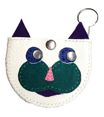 Handmade Multicolor Cute Genuine Leather Cat Coin Pouch Purse Keychain White
