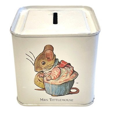 Vintage Beatrix Potter Mrs Tittlemouse Coin Bank Tin Hunkydory England 1989
