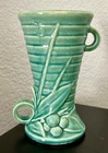 Vintage McCoy Green Pottery Leaf and Berry Vase 6”