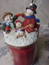 Vtg. Christmas Snowman Family Jar Candle w/ Resin Lid
