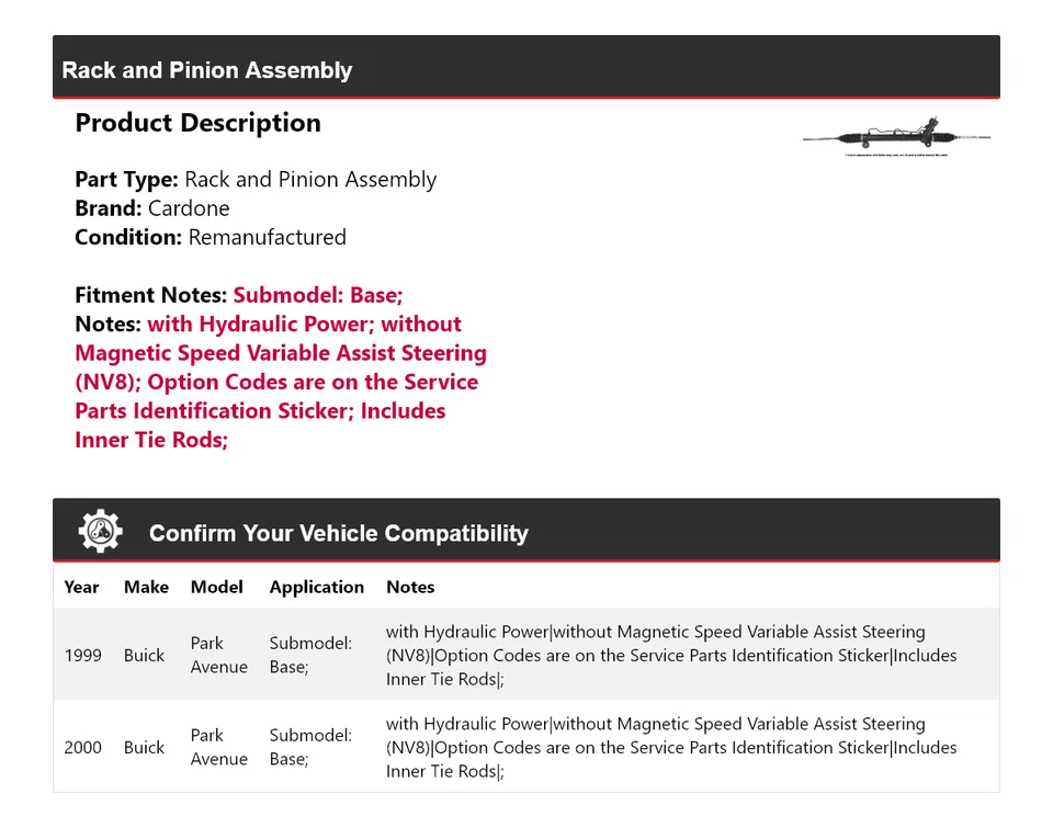 Montaje de piñón y estante base Buick Park Avenue 1999-2000 cartón Foto 2 de 4