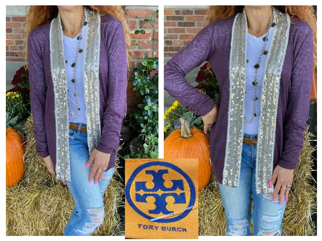 TORY BURCH ACERO LINO APERTO PAILLETTES BORDO VIOLA CARDIGAN MAGLIONE SPOLVERINO GIACCA S