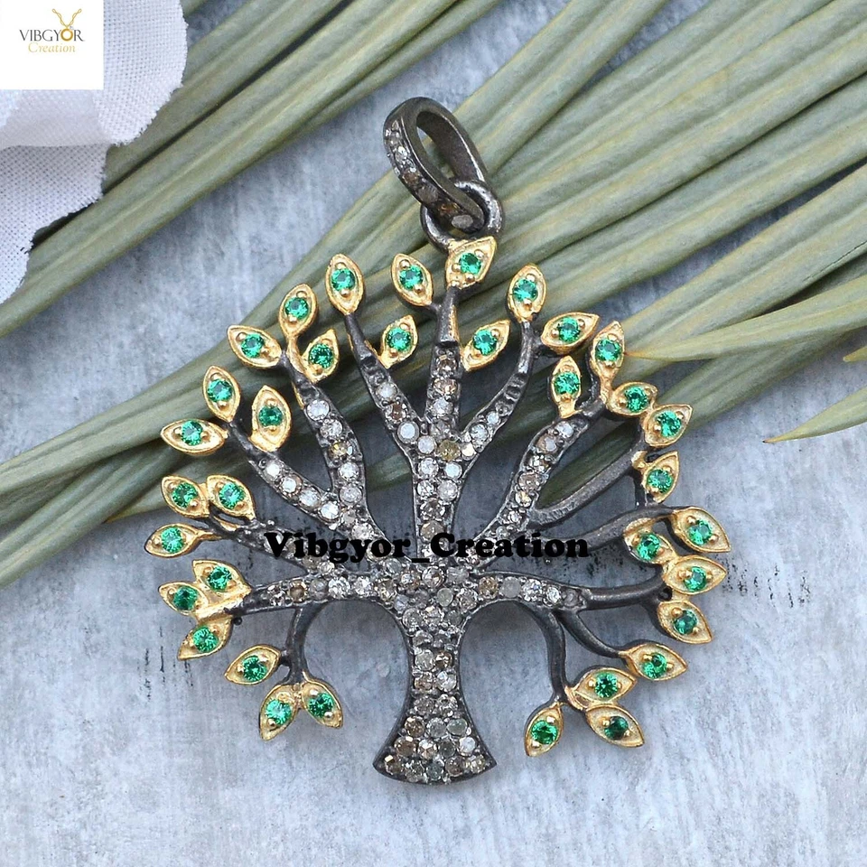 Colgante de diamantes pavé natural plata 925 tsavorita piedras preciosas árbol de la vida encanto Foto 2 de 4