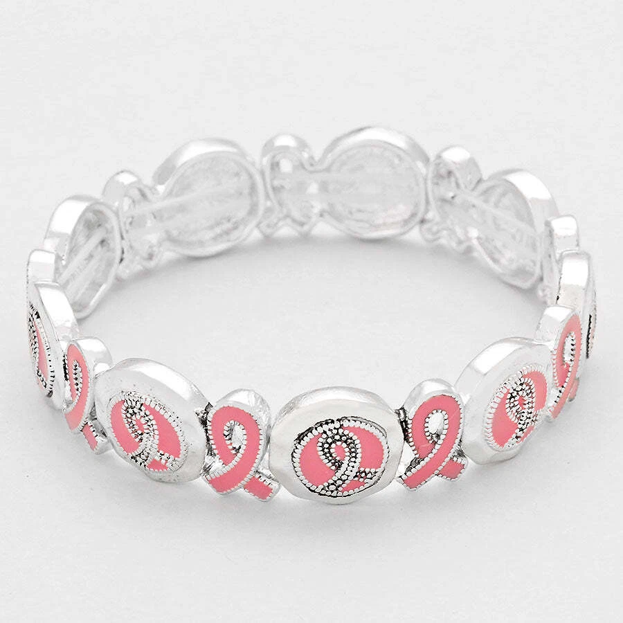 Silver stretch pink ribbon