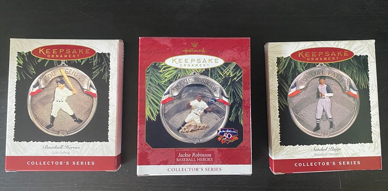 Lot of 3 Hallmark Keepsake Baseball Ornaments. Robinson, Paige, Gehrig 1995-1997