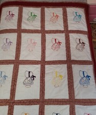 Handmade Quilt Blanket Child Baby Sunbonnet Sue Signed Red Beautiful Condition