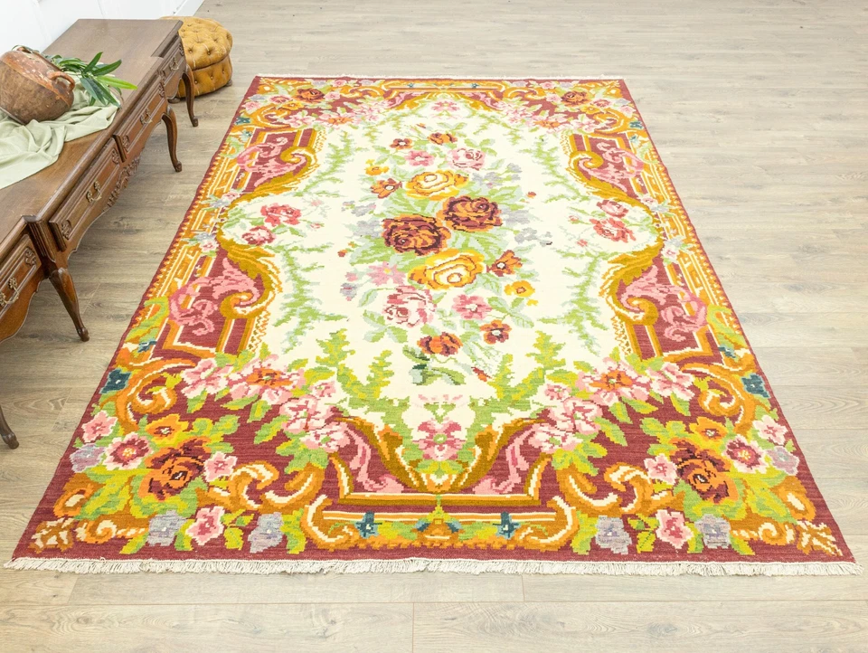 Alfombra floral vintage Boho de gran tamaño Karabakh Kilim 7,7 x 10,8 pies - mostaza y bayas Foto 4 de 4