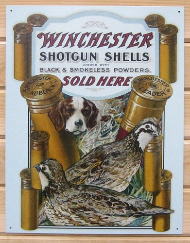 Winchester Shotgun Shells TIN SIGN dog quail hunting vtg metal wall decor ad 940