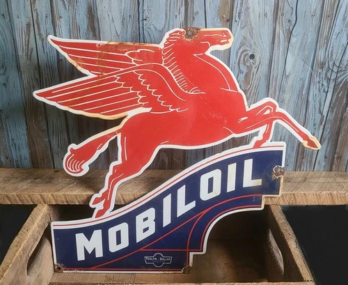 Large Vintage MOBILOIL PEGASUS Porcelain Metal Sign Mobil Gas Oil SIGNED TEXLITE