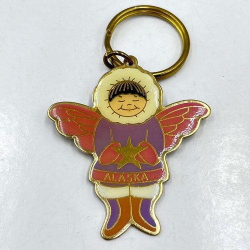 Keyring Vintage Alaska Enamel Eskimo Angel Star Charm ACE Souvenir Gold Tone