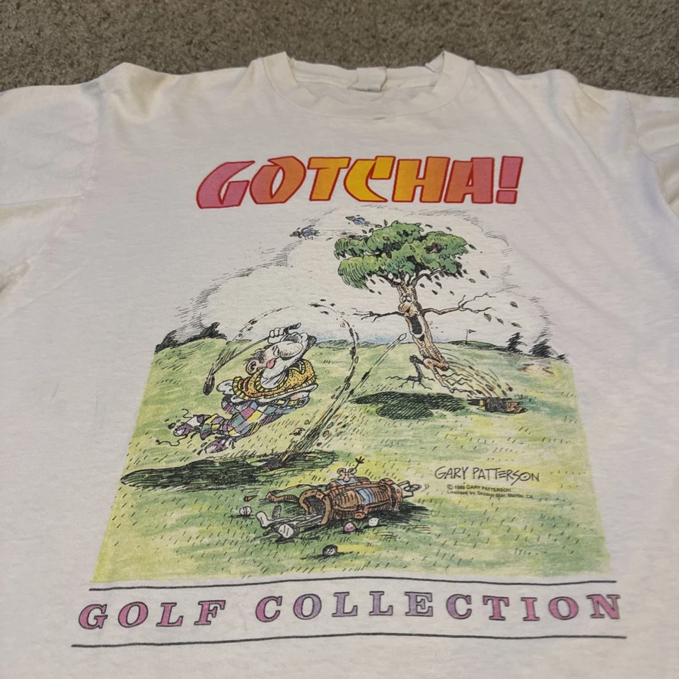 Vintage 80s Gotcha! Golf Collection Art Drawing Comic Funny Large White T-Shirt - Image 3 of 4