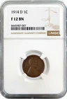 1914 D 1C Lincoln Wheat Cent NGC F12 BN Fine Brown Key Date Coin
