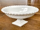 Vintage Milk Glass, Diamond Pedestal Oval Bowl Westmoreland English Hobnail