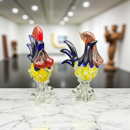 Vintage Murano Style Art Glass Rooster Figurines Colorful Handcrafted - Set of 2