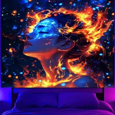 Blacklight Woman Tapestry Fire Wall Hanging Neon Girl Glow in the Dark Aesthetic