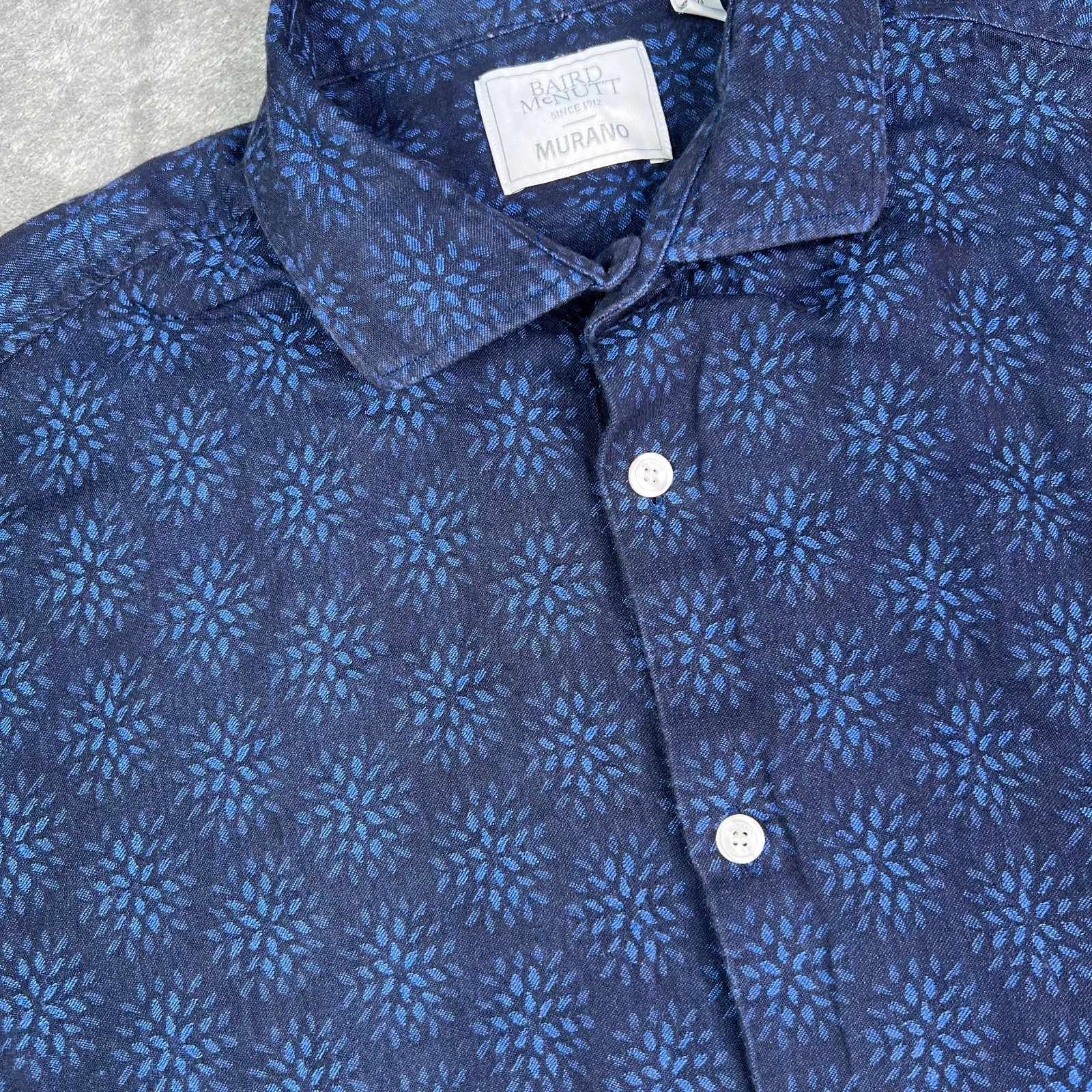 Murano Baird McNutt Linen Shirt Mens M Blue Geometric Short Sleeve Button Down