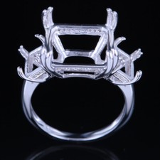 Sterling Silver Three-Stone Ring Setting Semi Mount 13x13mm 7x5mm Cushion Cut