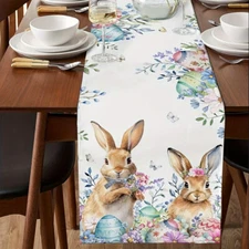 1 PC Easter Table Flag Bunny Eggs Long Eucalyptus Leaf Print Table Runner