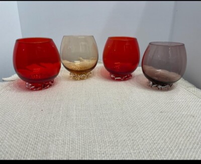 VTG Antique Blown Glass Stemless Cocktail Glasses Set Of 4 Multi Color Beautiful