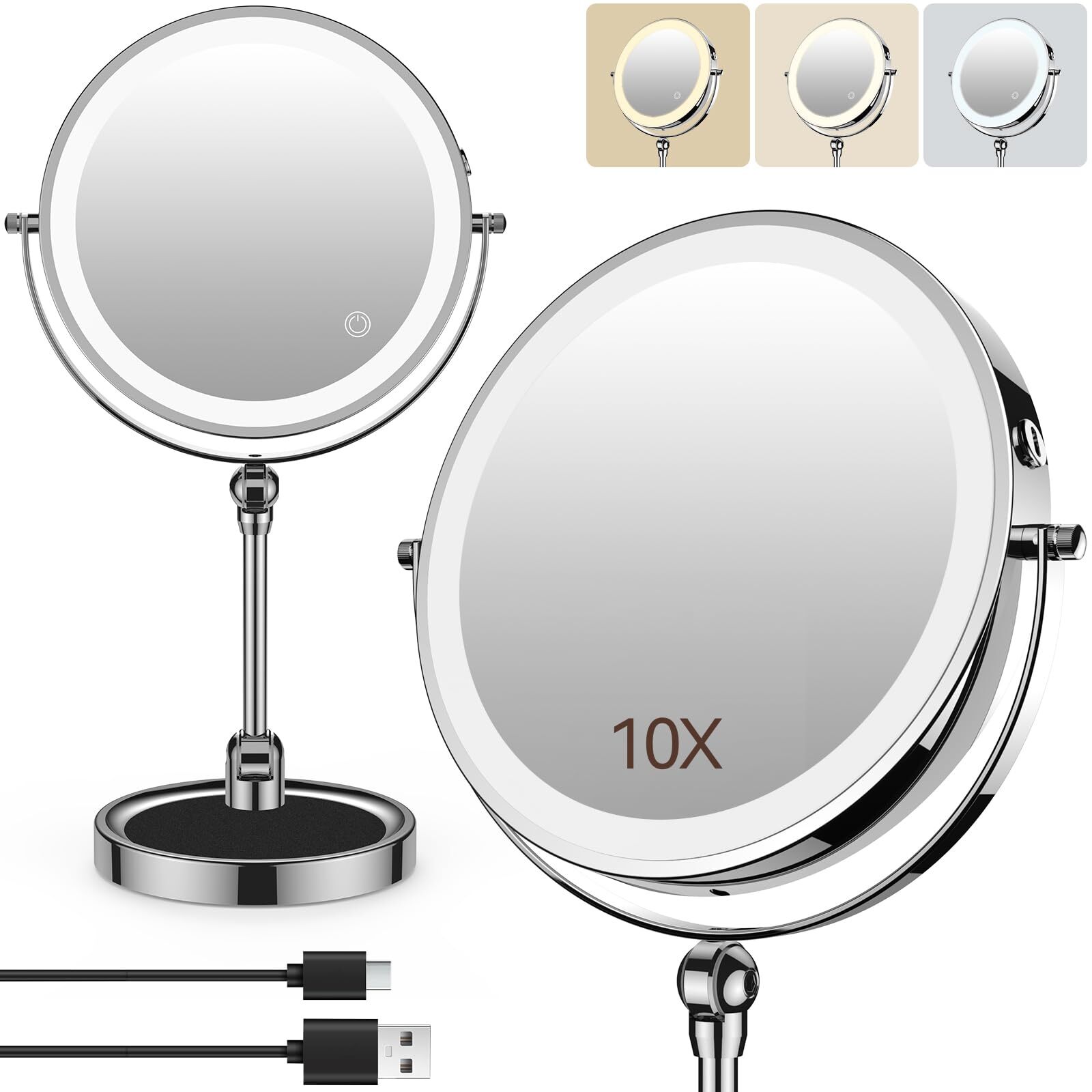 Rechargeable LED Makeup Mirror 10x Magnification Double Sided Vanity Mirror-image