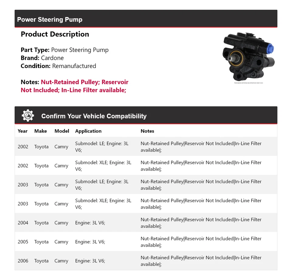 Bomba de dirección asistida Cardone 2003 2004 2005 para Toyota Camry 2002-2006 3L V6 Foto 2 de 4