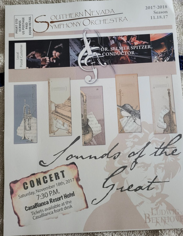 2017 MAIL CARD SOUTHERN NEVADA SYMPHONY ORCHESTER "SOUNDS OF THE GREAT"