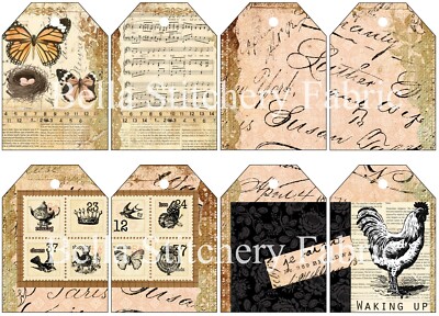 Set of 8 Vintage Ephemera Fabric Tags - Quilting, Pillows & Junk Journaling