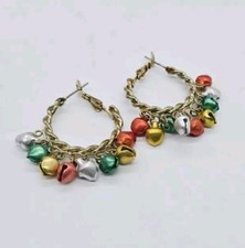 Christmas Earrings Gold tone Hoop Multi Colored Jingle Bells 1 in