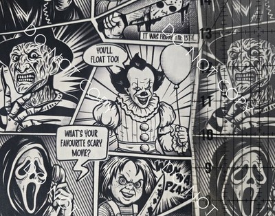 Custom 100% Cotton Woven Fabric Comic Strip Horror Movies By The 1/4 Yard 9x56