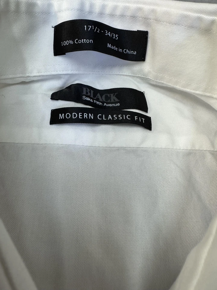 BLACK Saks Fifth Avenue Shirt Mens 17.5 34/35 White Modern Classic Fit Dress - Image 4 of 4