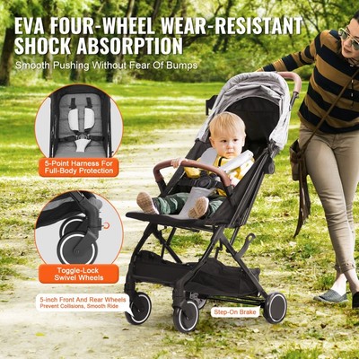Light Grey Adjustable Backrest Baby Stroller with Cup Holder One-click Folding