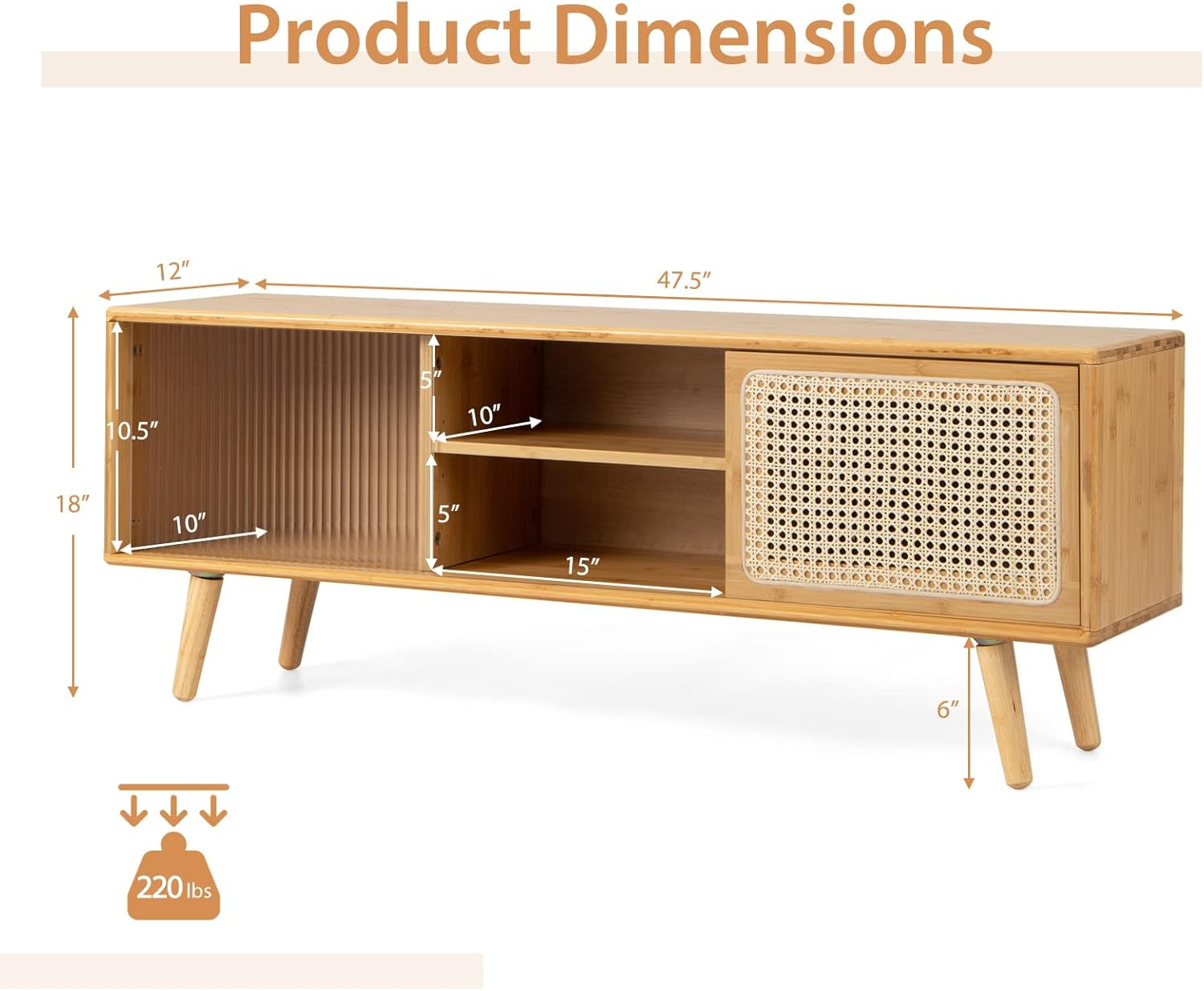 Rustic Bamboo TV Stand for TVs up to 55" with Adjustable Shelf & Rattan Doors