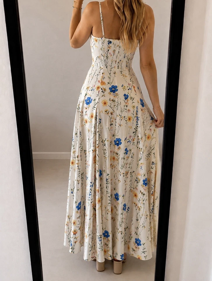 Robe maxi femme ivoire floral col cœur bretelles sans manches S - Photo 2/4