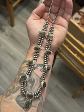 STERLING SILVER BLACK JACK TURQUOISE NAVAJO PEARL SW SQUASH DROP NECKLACE .925