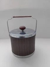 Vintage MCM Atapco Faux Wood Grain & Chrome Ice Bucket Barware Mid-century 