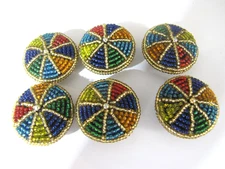 1980s Modernist Beaded Button Covers Abstract Geometric Multi Color Set of 6