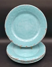 4 Tommy Bahama Melamine 11" Dinner Plates Turquoise Blue Crackle Rustic Beachy