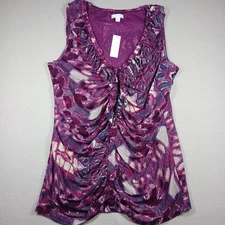 New York & CO Sleeveless Stretch Sz XL Pink Purple Burgundy V-neck Ruffle Blouse