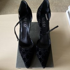 Gucci Vintage Black GG Logo Velvet Pointed Toe Ankle Strap Pump Heels 8 B