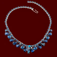 Vintage Classic Blue Rhinestone Necklace Silver Tone Choker Bib B6