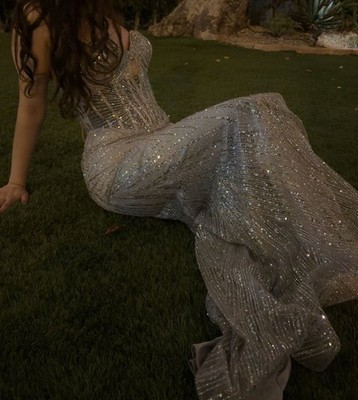 Women s Silver Sequin Sweetheart Corset Backless Sleeveless Long Gown S/M